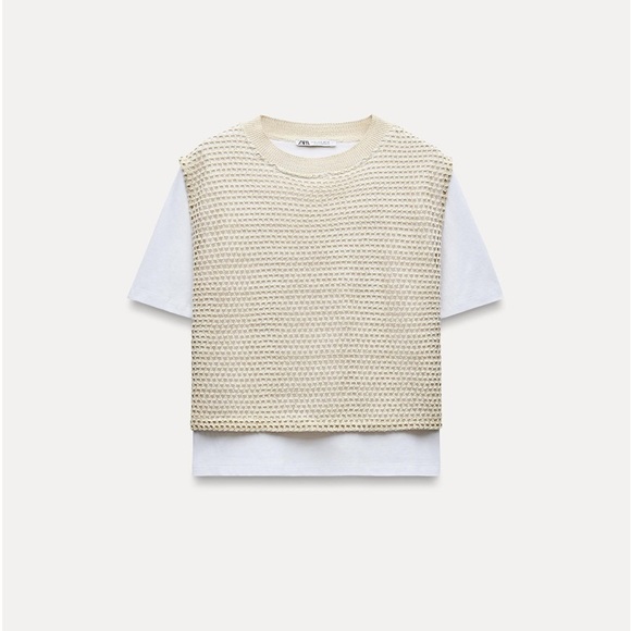 Zara METALLIC THREAD T-SHIRT VEST Size Small Embroidered Eyelet Top - Picture 6 of 10